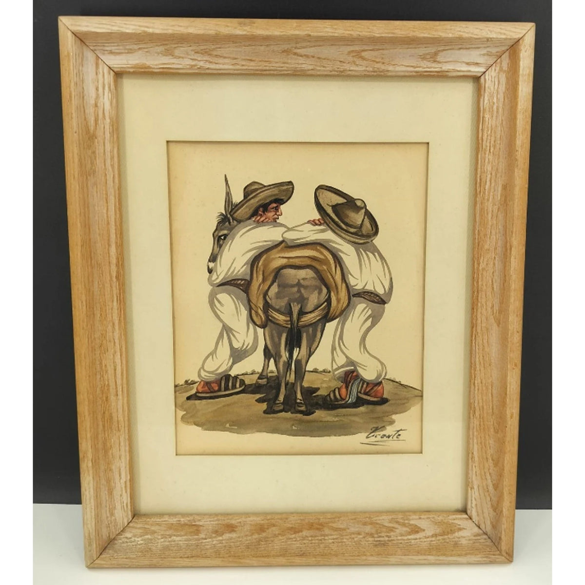 Two Men and a Donkey, Costumbrista Scene – Signed Eduardo Vicente Watercolor 16" x 13"