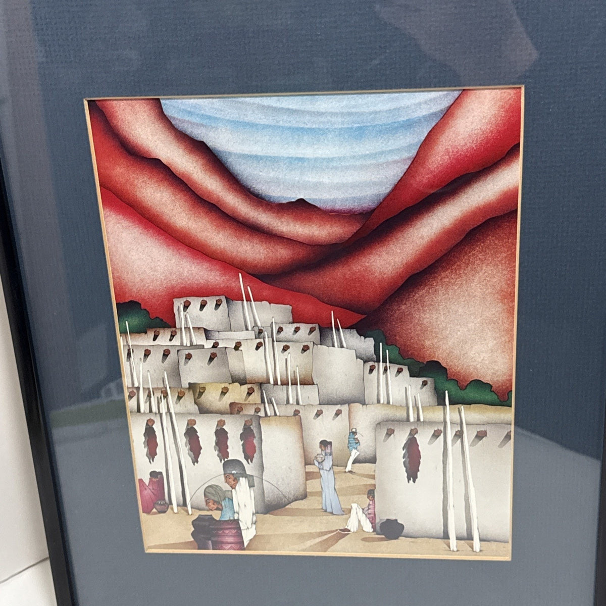 Pueblo Village, Adobe Rooftops – Amado Peña Lithograph 14" x 11" Framed Art