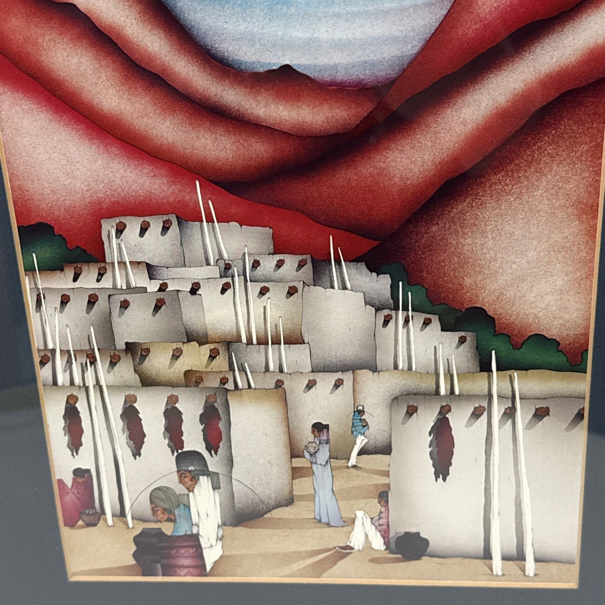 Pueblo Village, Adobe Rooftops – Amado Peña Lithograph 14" x 11" Framed Art