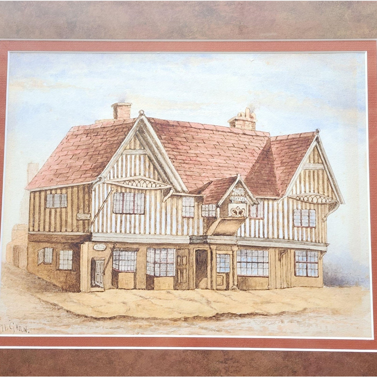 The Crown Inn, Tudor Half-Timbered Pub – Signed W. Garn Watercolor 12" x 9.75"