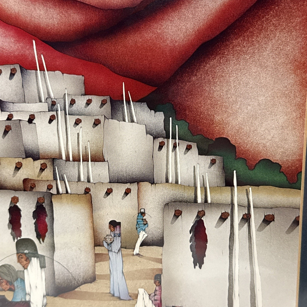 Pueblo Village, Adobe Rooftops – Amado Peña Lithograph 14" x 11" Framed Art