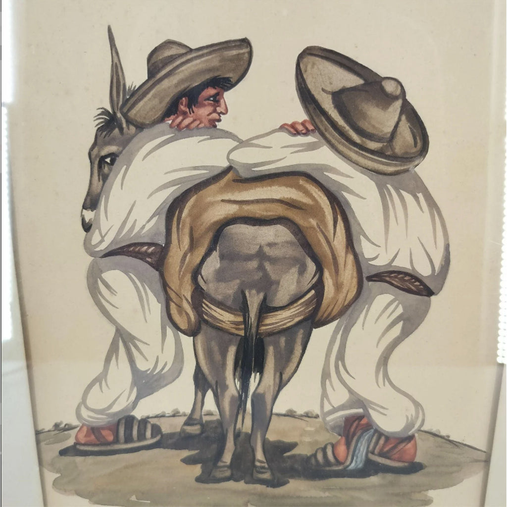 Two Men and a Donkey, Costumbrista Scene – Signed Eduardo Vicente Watercolor 16" x 13"