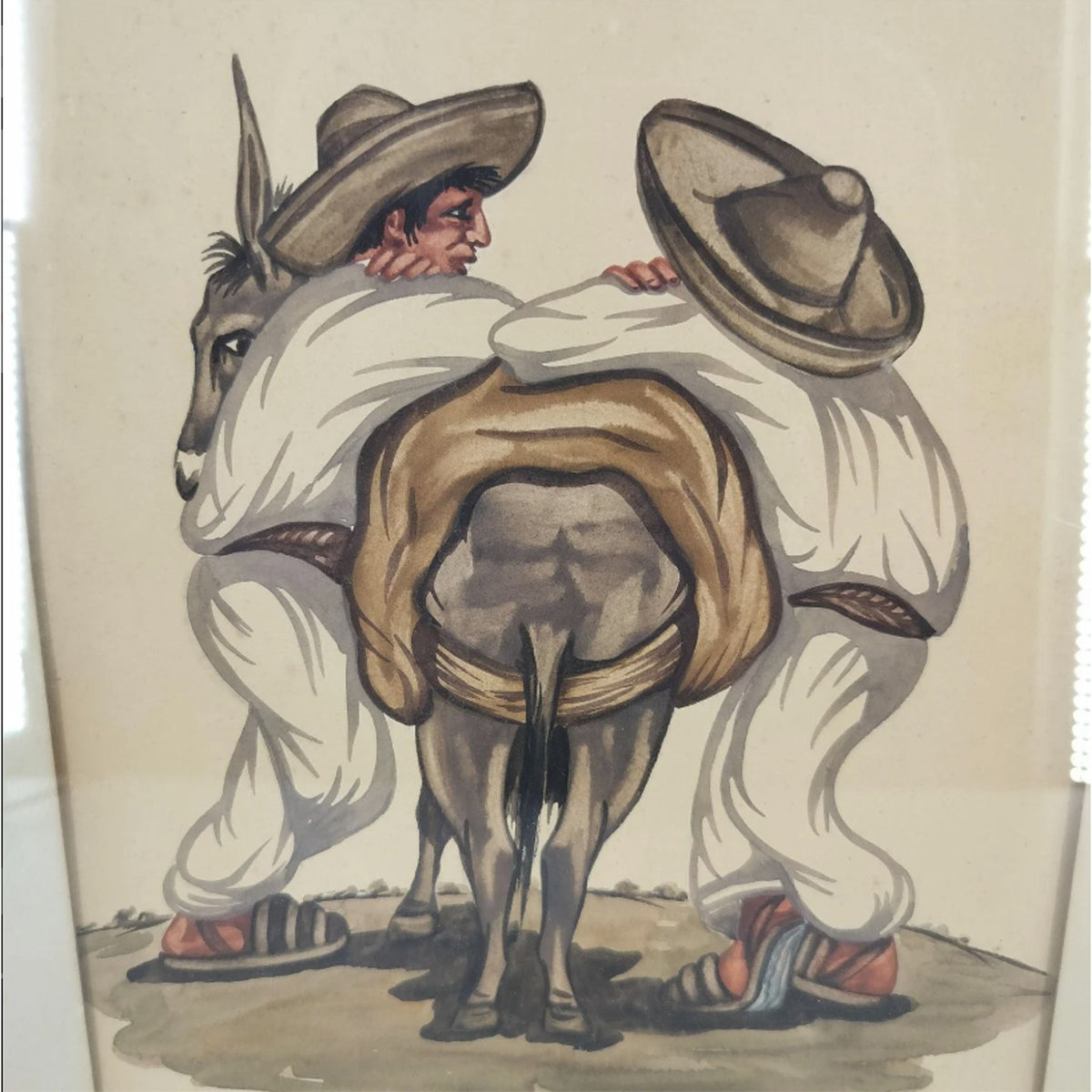 Two Men and a Donkey, Costumbrista Scene – Signed Eduardo Vicente Watercolor 16" x 13"